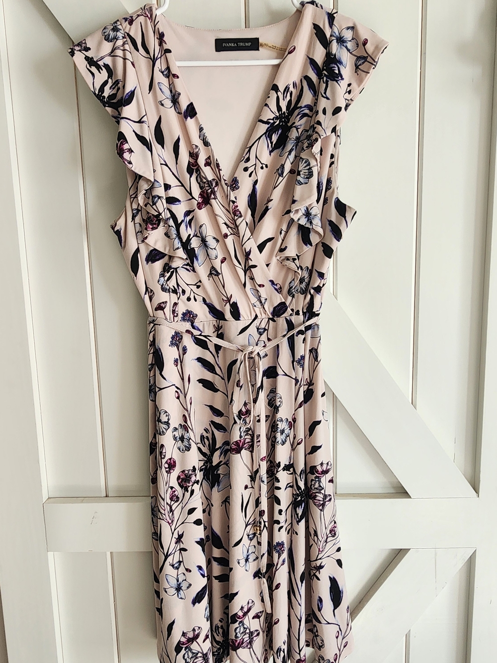 Ivanka Trump Blush Floral Midi Wrap Dress with Navy and Mauve Accents